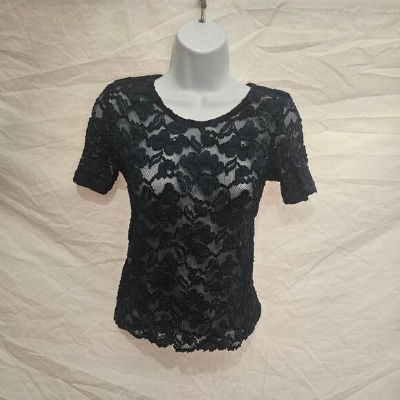 Vintage 90s navy blue lace short sleeve top - Picture 4 of 5